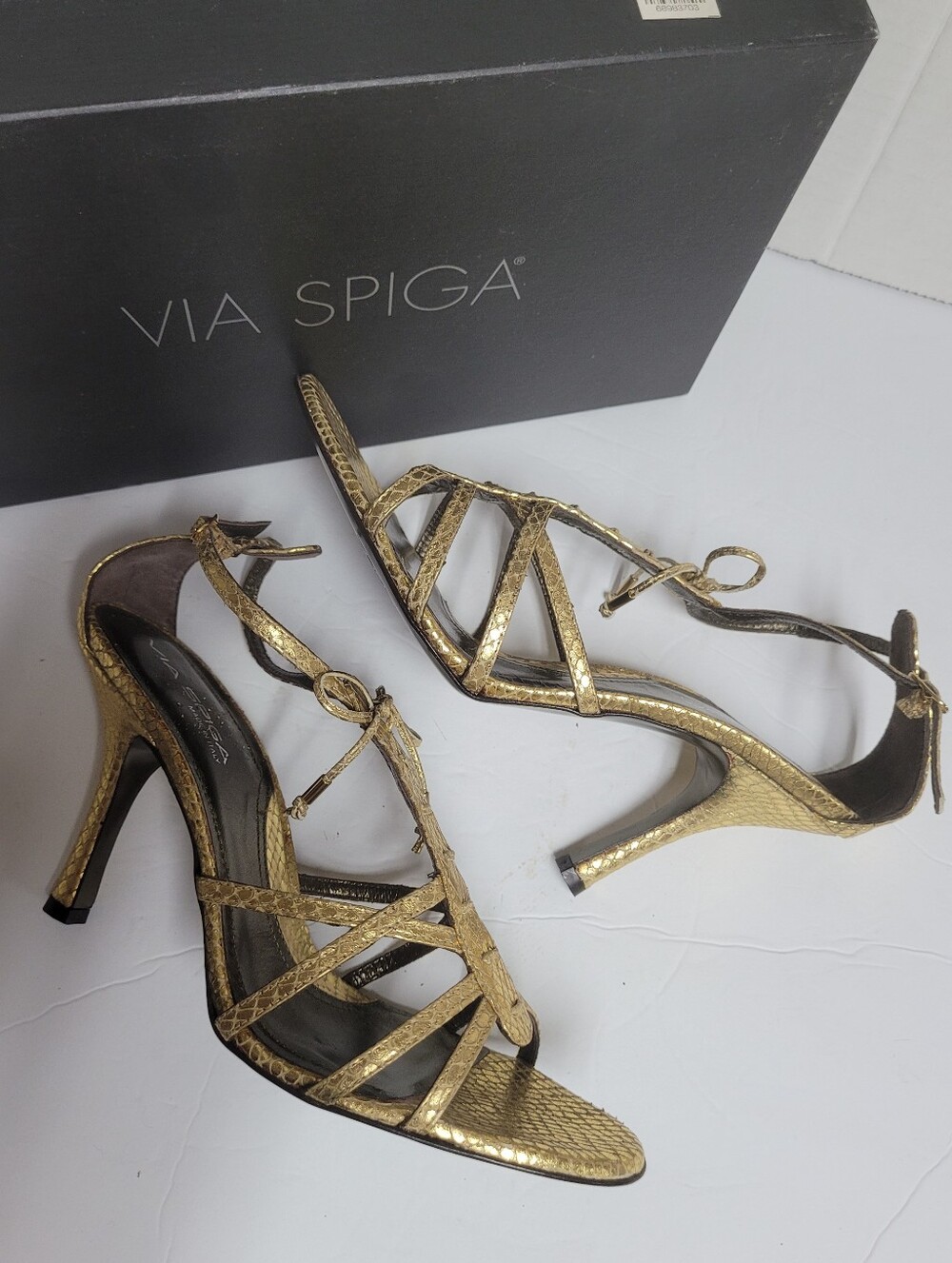NIB Leather Via Spiga Metallic Gold Snake-Embossed Strappy Heel Sandals 9.5M